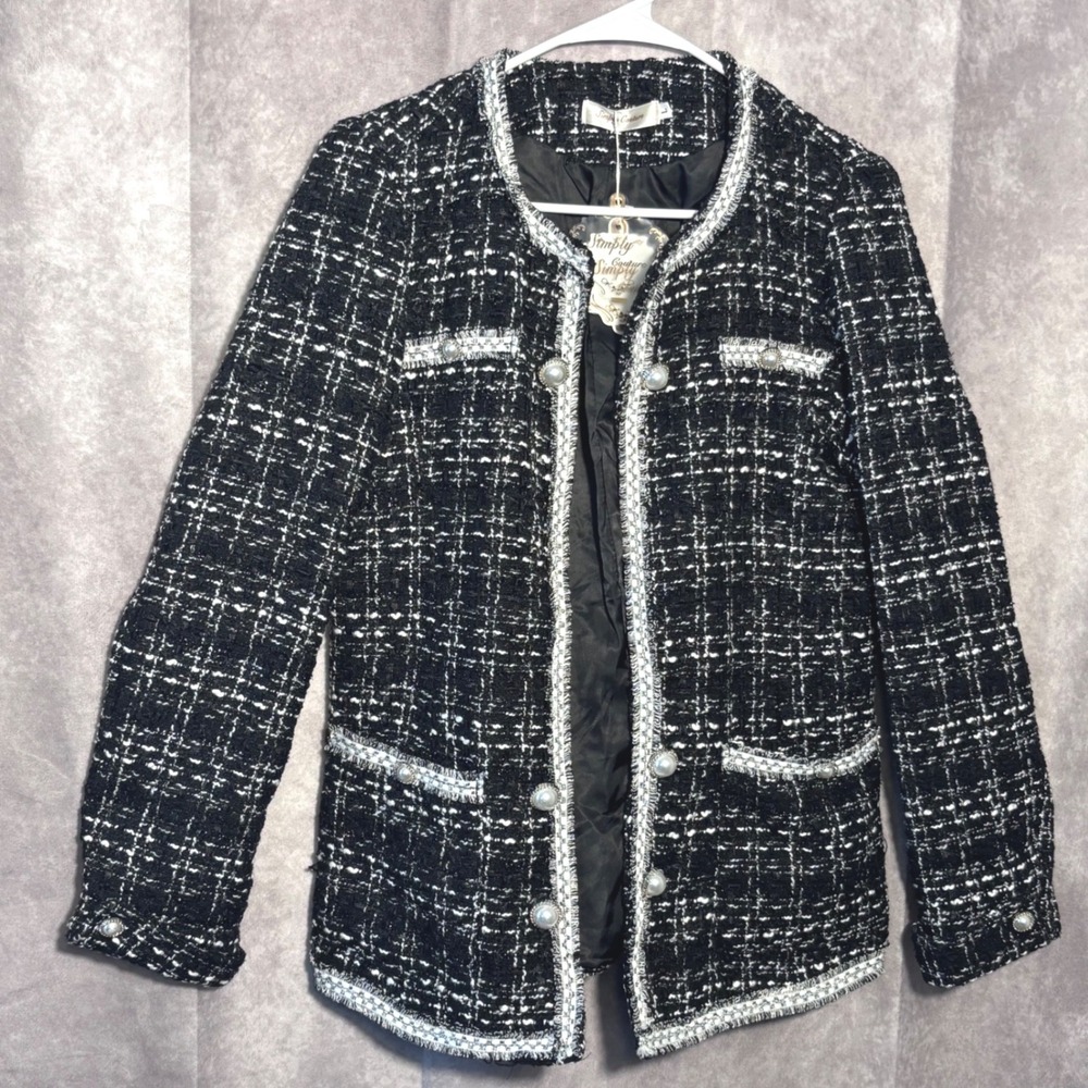 NWT Simply Couture Tweed Open Jacket Women Large Black Pearl White Old Money